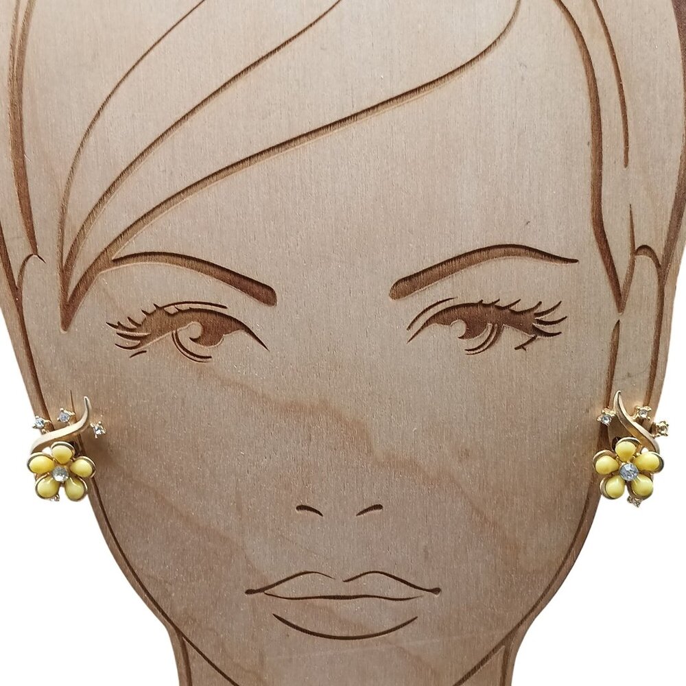Vintage Yellow Floral Clip-On Earrings With Rhinestone Accents